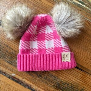 C.C Baby Pink and White Plaid Beanie with Pom-Poms